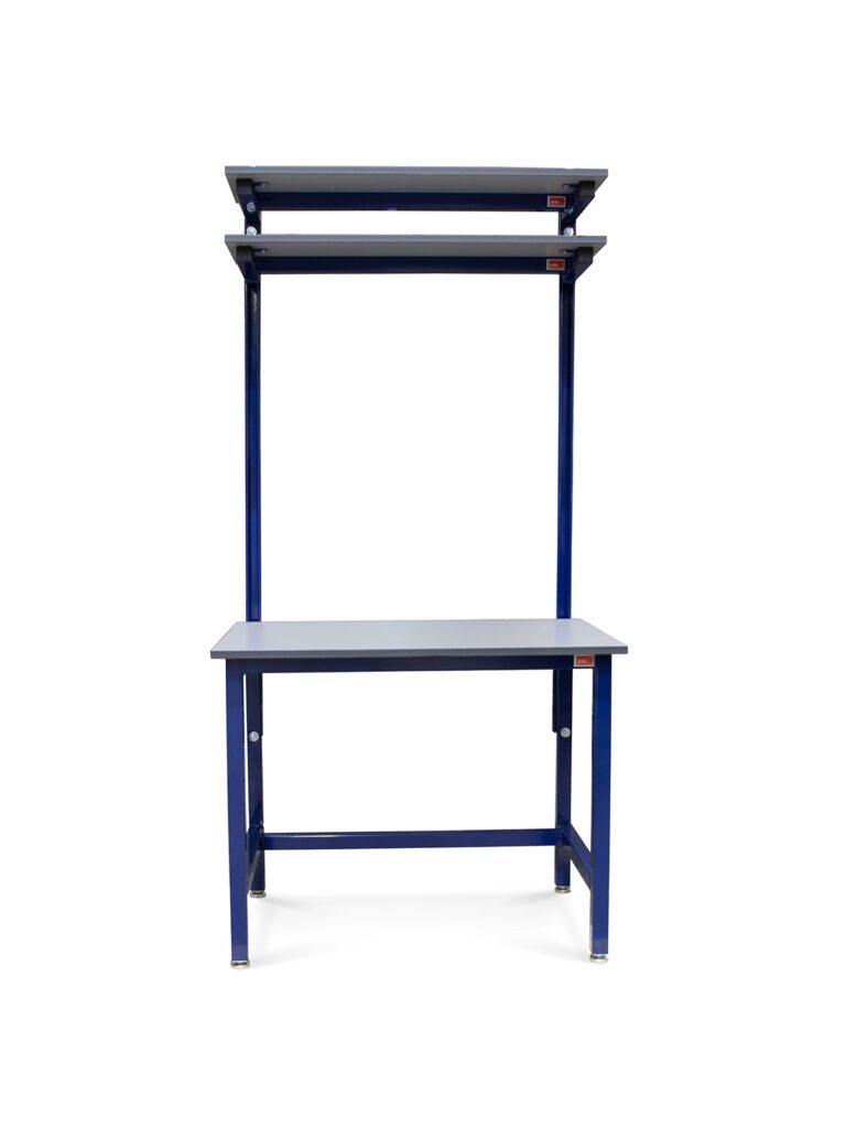 Front view of Upper Deck Workbench with dual shelves