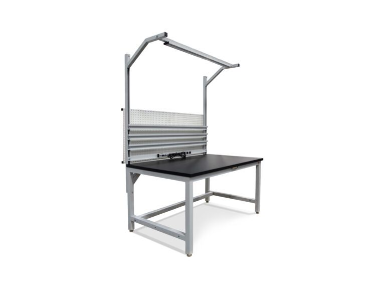 Upper Deck Workbench for electronics assembly with storage bins