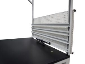 Upper Deck Workbench with pegboard and power strip