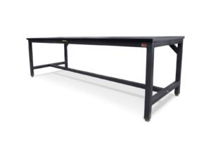 Side profile of a 96-inch heavy-duty ESD workbench with ESD laminate worksurface and adjustable levelers