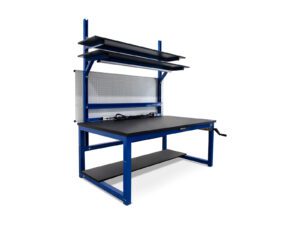 Adjustable height electronics assembly workstation with dual shelving, monitor mount support, LED task lighting, and integrated power strip.