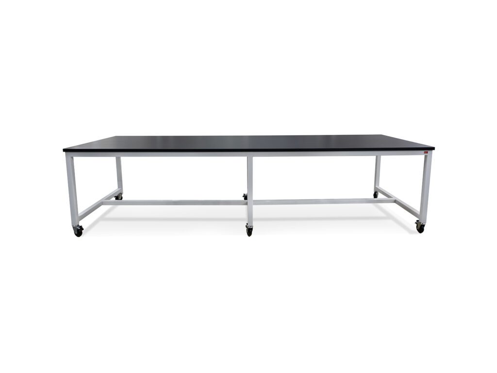 Twelve-foot mobile workbench with black HPL surface