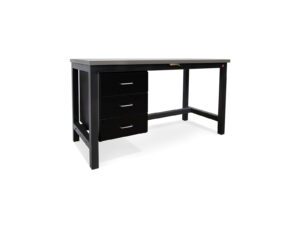 Electronics workbench with an ESD worksurface, integrated drawer cabinet, adjustable levelers, and steel frame.