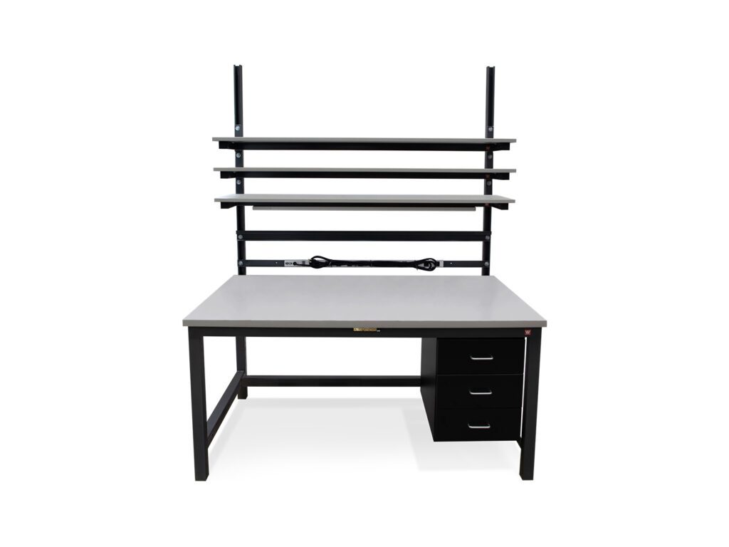 ESD workbench with integrated drawer storage, overhead shelf with power strip, and heavy-duty steel frame.