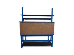 Rear view of a modular ESD workstation showing the perforated pegboard, upper storage shelves, monitor mount structure, and heavy-duty steel frame.