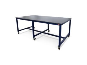 Angled view of a 72-inch industrial phenolic workbench with heavy-duty steel frame and mobile casters.