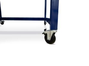 Close-up of the total-lock caster used on a heavy-duty industrial workbench for secure mobility.