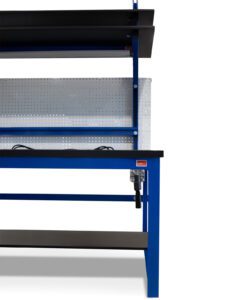 Hand crank height adjustment system on a mobile ESD workbench designed for electronics engineering and assembly applications.