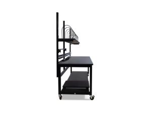 Industrial shipping workbench designed with upper carton storage, power access, and a heavy-duty steel frame.
