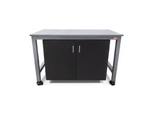 Laboratory workbench with integrated acid storage cabinet, phenolic resin worksurface, and heavy-duty steel frame.