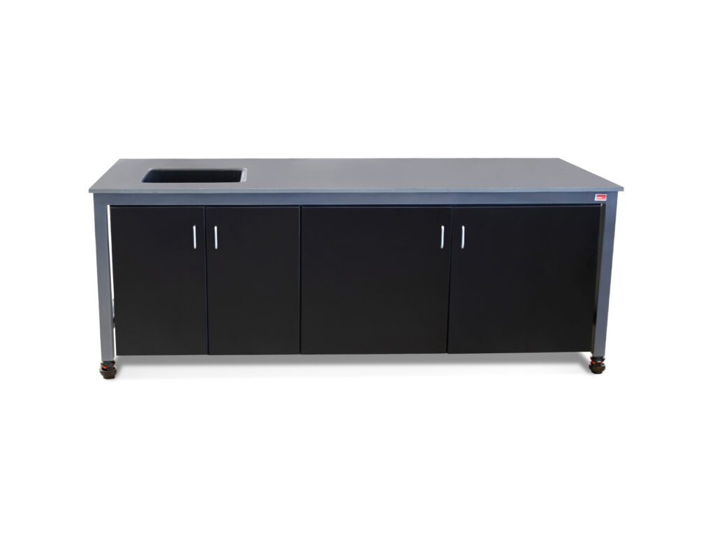 Heavy-duty laboratory workbench with dual storage cabinets, phenolic resin worksurface, and integrated sink cutout.