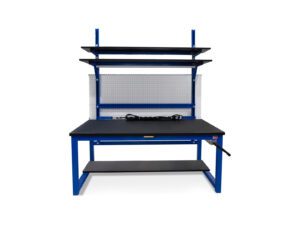 Mobile ESD engineering workstation with adjustable height, dual upper shelves, integrated power, pegboard, monitor mounts, and lower storage shelf.