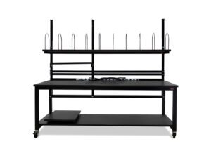 Mobile packing workbench with upper storage shelf, carton dividers, integrated power rail, and locking casters.