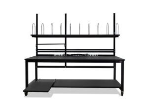 Industrial packing workbench featuring an extended pull-out lower platform for ergonomic equipment access.