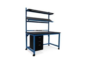 Angled view of CoreBench with shelf and drawers