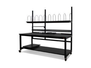 Angled view of a mobile packing workstation with upper shelf storage, power strip, and heavy-duty steel frame.