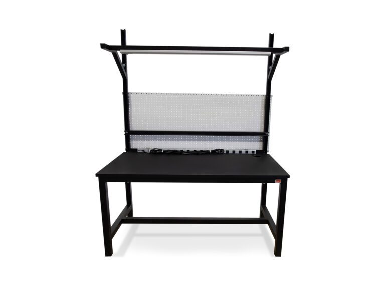 Industrial Assembly Workbench with Upper Shelf and Pegboard