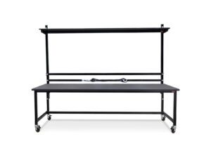 Upper Deck ESD workbench for aviation electronics testing with upper shelf, integrated power rail, and locking casters.