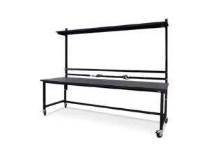 Angled view of a mobile Upper Deck ESD workbench with HD frame, upper shelf, and locking casters for aviation maintenance.