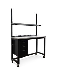 Healthcare workstation with HPL worksurface, power strip, upper shelf, and storage cabinet