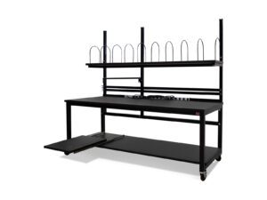 Warehouse packing workstation with upper storage shelf, pull-out platform, integrated power, and locking casters.