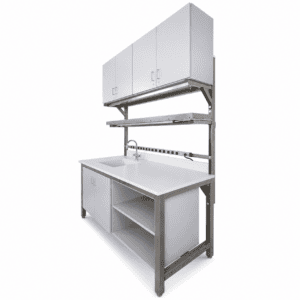 Sample processing workbench with sink and cabinet storage