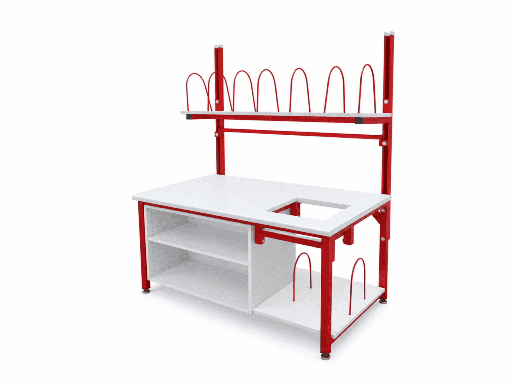Red Stag packing workbench with scale cutout and storage