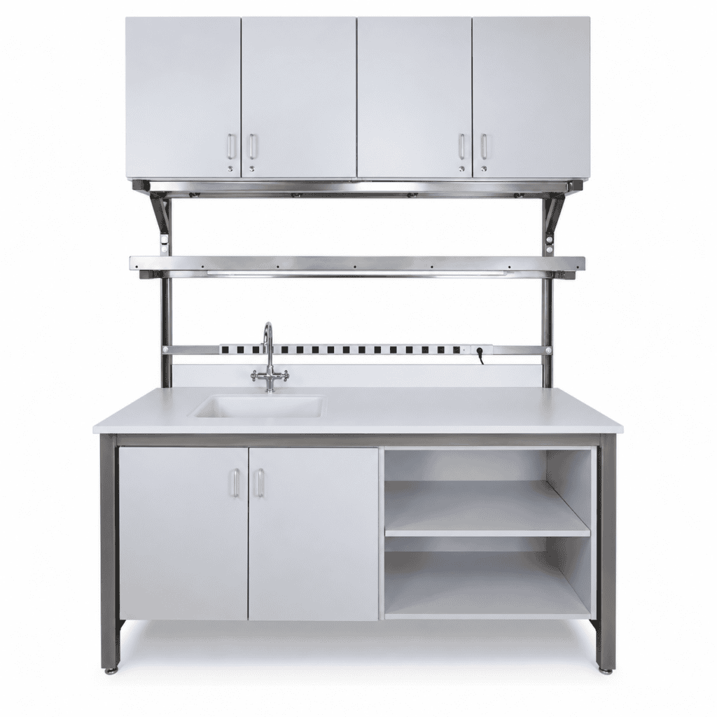 Wet lab workbench with epoxy sink and upper storage