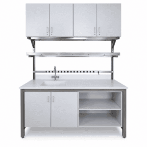 Wet lab workbench with epoxy sink and upper storage
