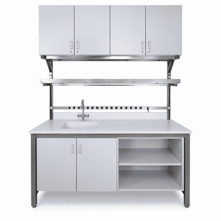 Wet lab workbench with epoxy sink and upper storage
