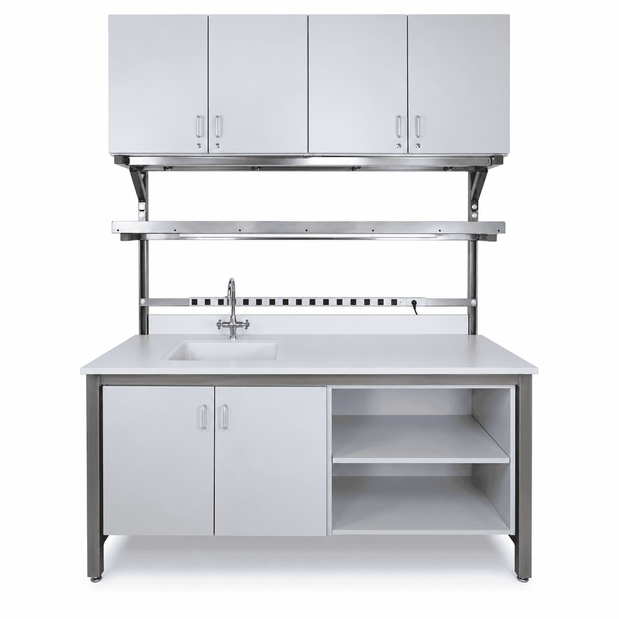 Wet lab workbench with epoxy sink and upper storage